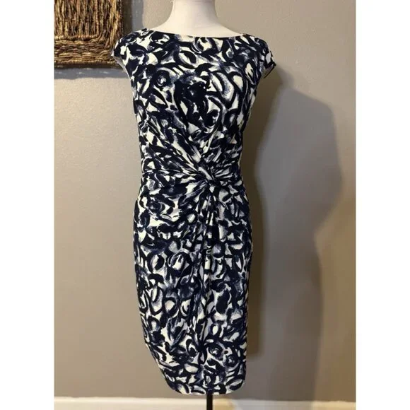 Ralph Lauren Dress 8 Stretch Sheath Blue Ivory Washable Knot Sleeveless NEW - Picture 6 of 13